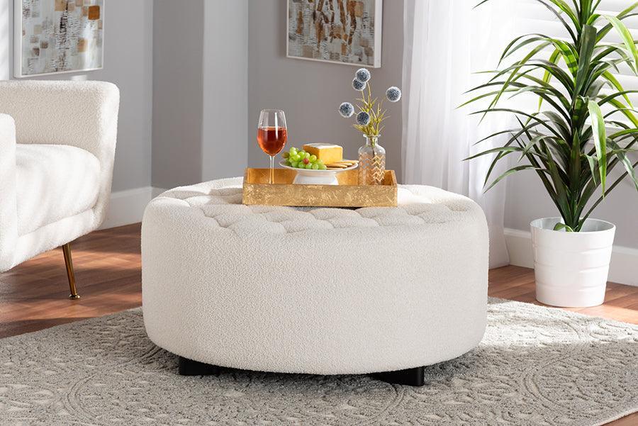 Athena Modern and Contemporary Ivory Boucle Upholstered and Black Finished Wood Round Ottoman FredCo