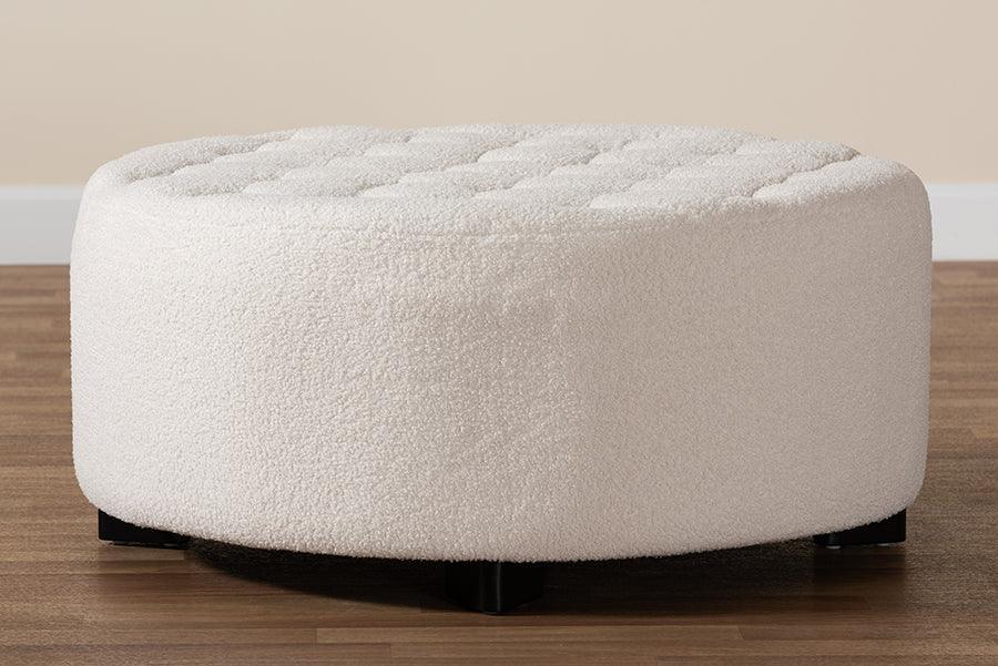 Athena Modern and Contemporary Ivory Boucle Upholstered and Black Finished Wood Round Ottoman FredCo