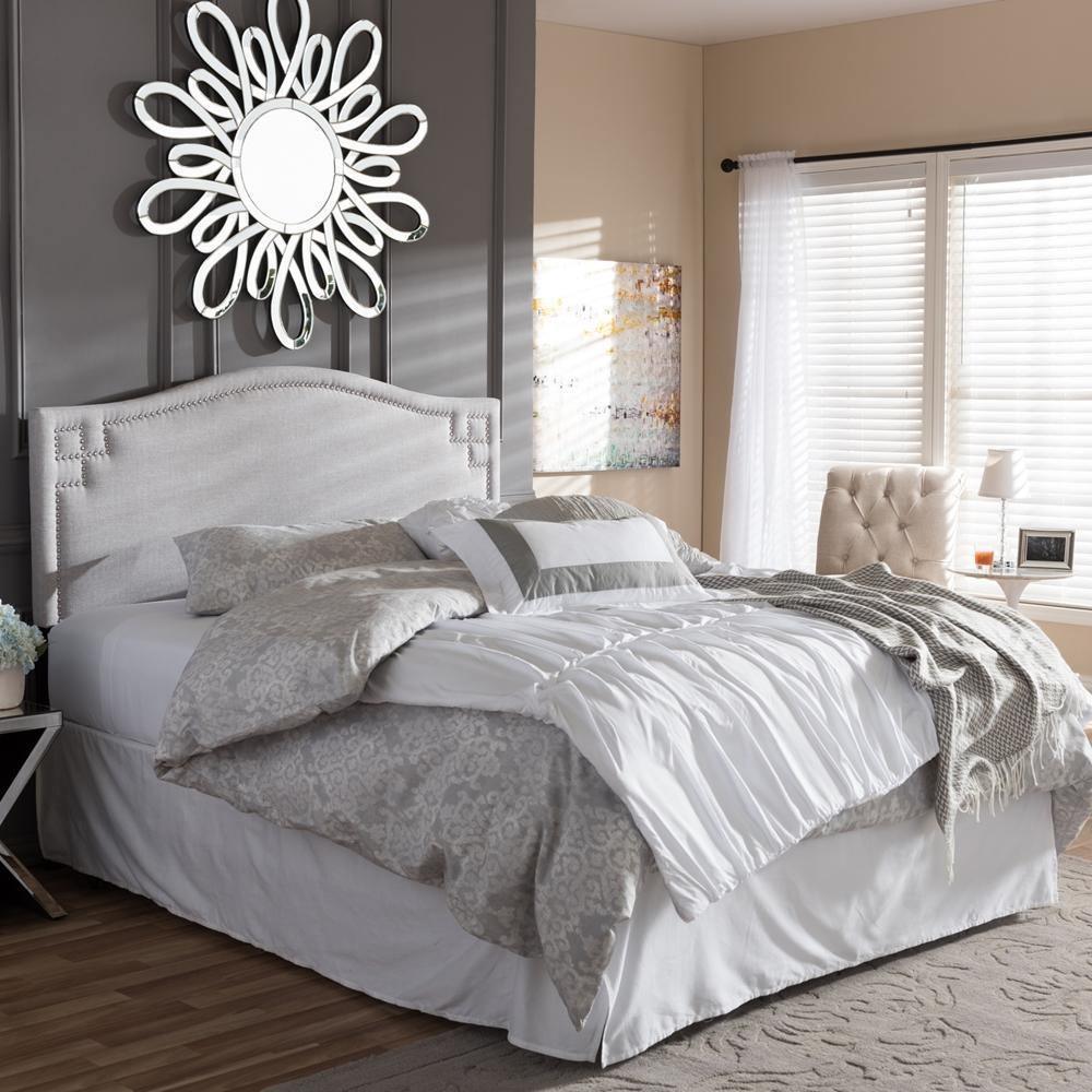 Aubrey Modern and Contemporary Greyish Beige Fabric Upholstered Queen Size Headboard FredCo