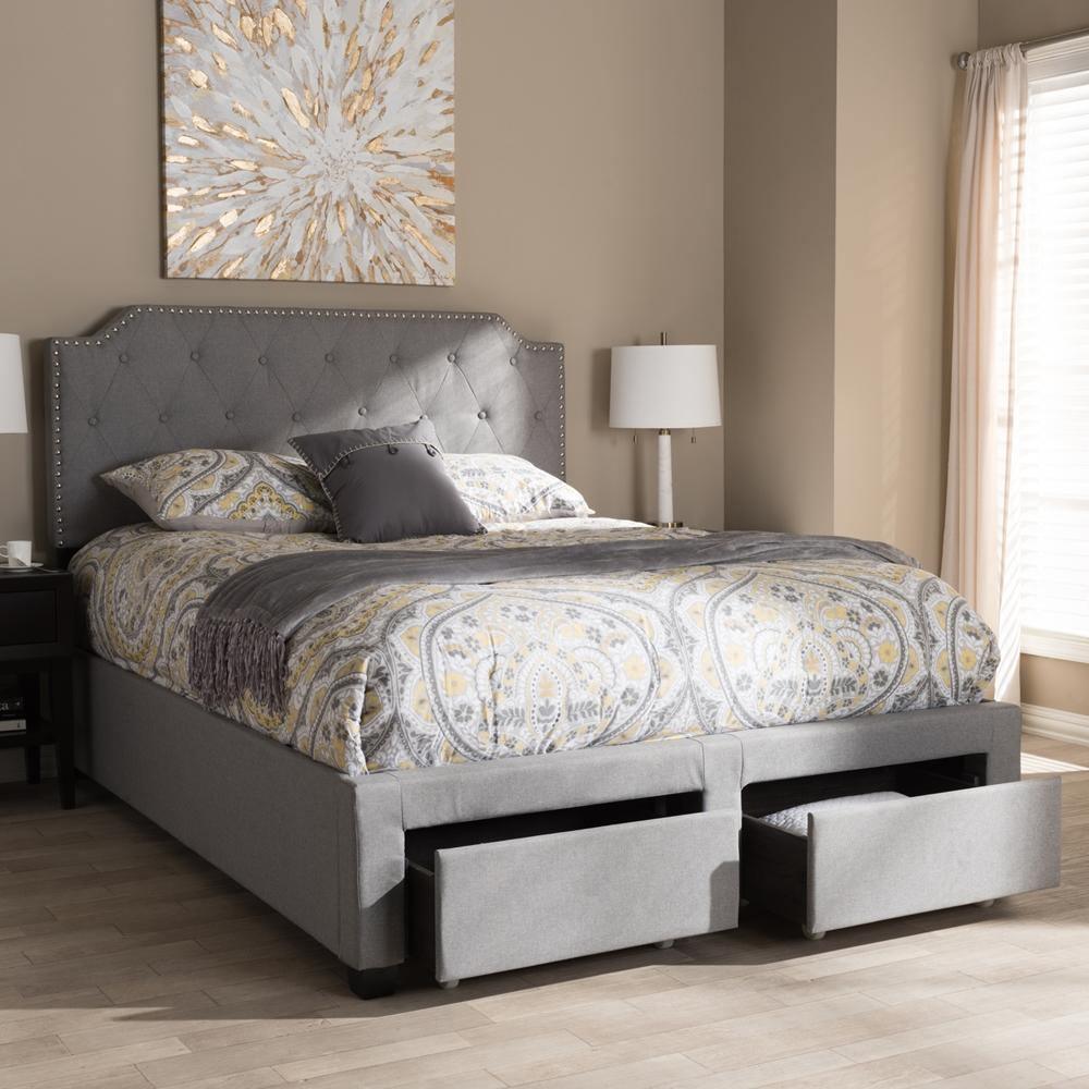Aubrianne Modern and Contemporary Grey Fabric Upholstered Queen Storage Bed FredCo