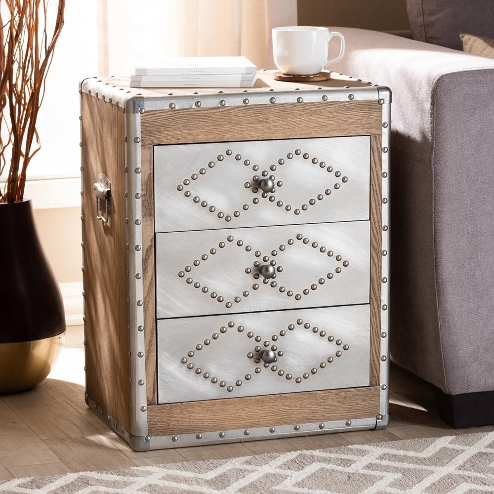 Audric French Industrial Brown Wood and Silver Metal 3-Drawer Accent Storage Cabinet FredCo