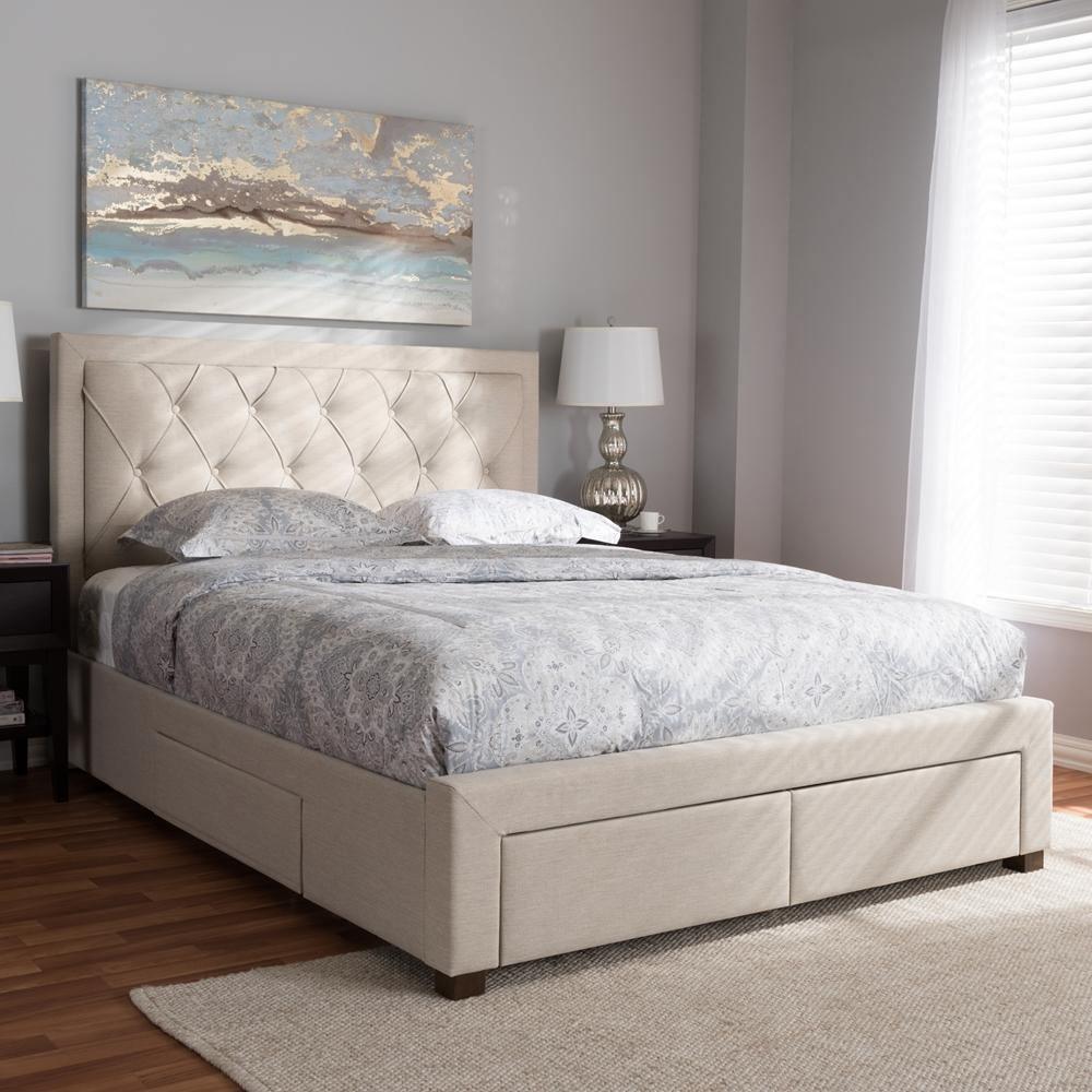 Aurelie Modern and Contemporary Light Beige Fabric Upholstered Queen Size Storage Bed FredCo