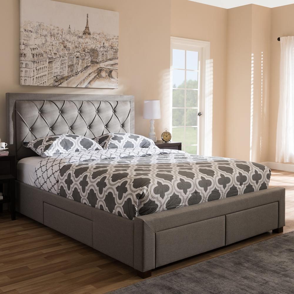 Aurelie Modern and Contemporary Light Grey Fabric Upholstered King Size Storage Bed FredCo