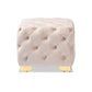 Avara Glam and Luxe Light Beige Velvet Fabric Upholstered Gold Finished Button Tufted Ottoman FredCo