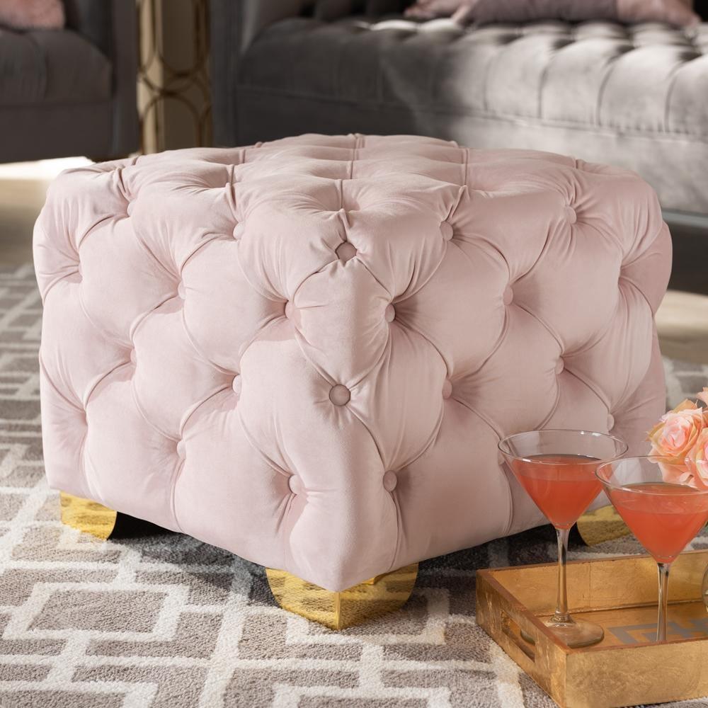 Avara Glam and Luxe Light Pink Velvet Fabric Upholstered Gold Finished Button Tufted Ottoman FredCo