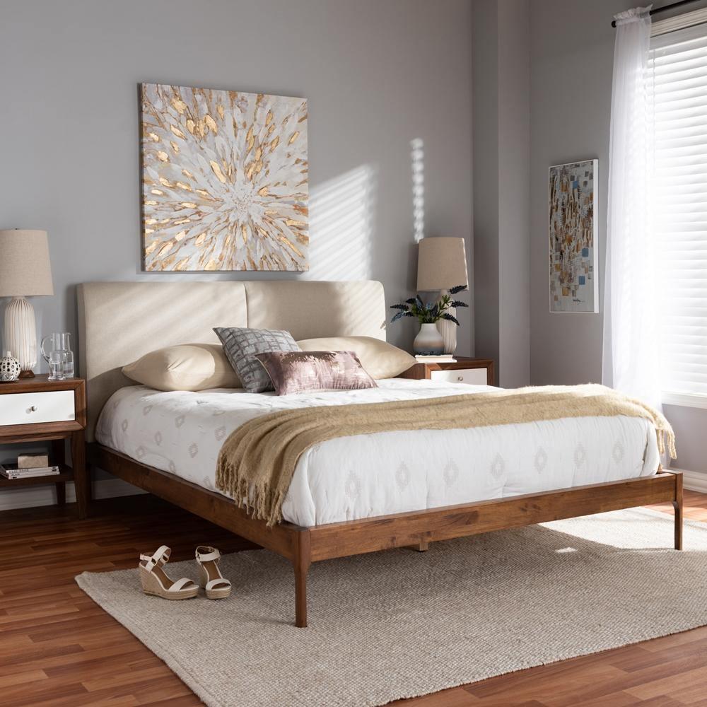 Aveneil Mid-Century Modern Beige Fabric Upholstered Walnut Finished King Size Platform Bed FredCo