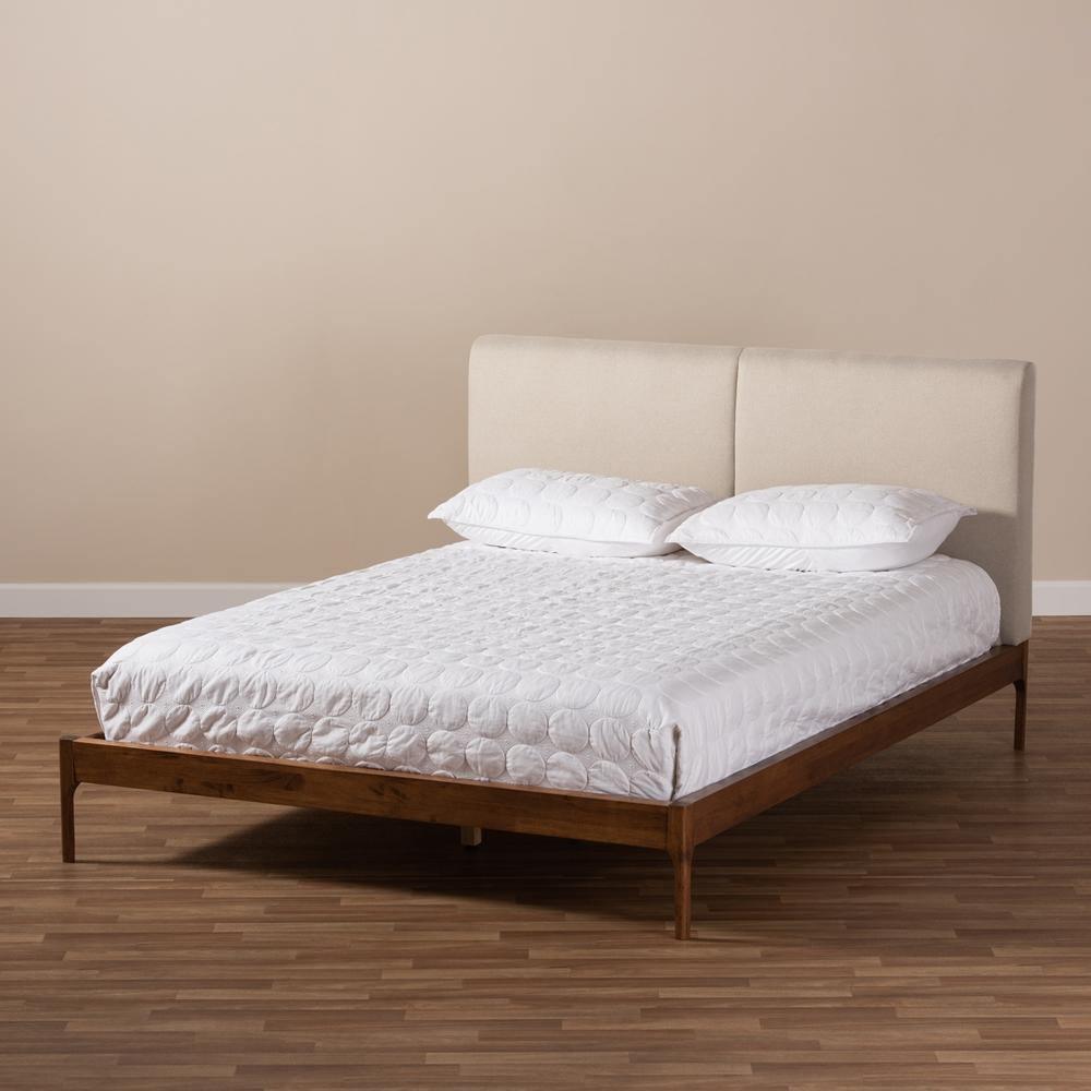 Aveneil Mid-Century Modern Beige Fabric Upholstered Walnut Finished King Size Platform Bed FredCo