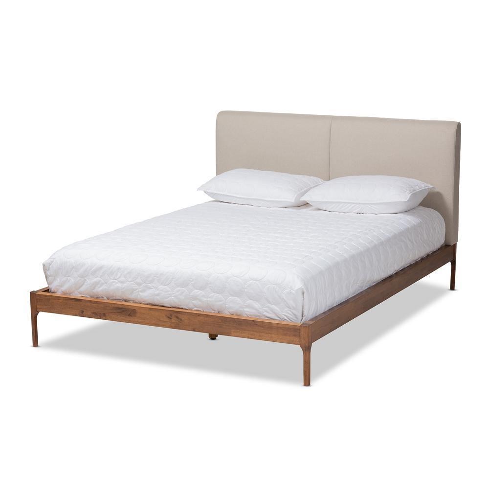 Aveneil Mid-Century Modern Beige Fabric Upholstered Walnut Finished King Size Platform Bed FredCo