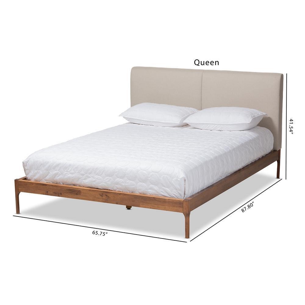 Aveneil Mid-Century Modern Beige Fabric Upholstered Walnut Finished King Size Platform Bed FredCo
