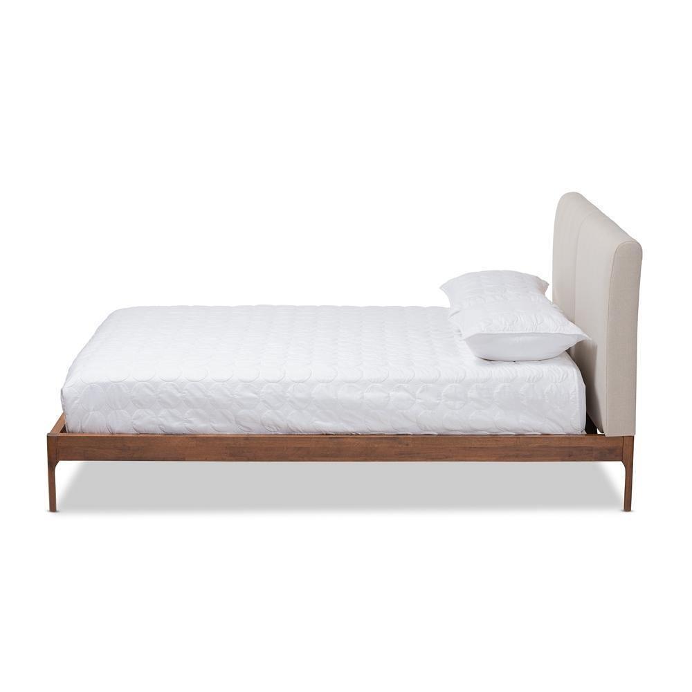 Aveneil Mid-Century Modern Beige Fabric Upholstered Walnut Finished Queen Size Platform Bed FredCo