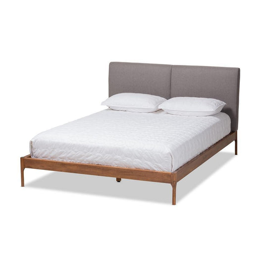 Aveneil Mid-Century Modern Grey Fabric Upholstered Walnut Finished King Size Platform Bed FredCo