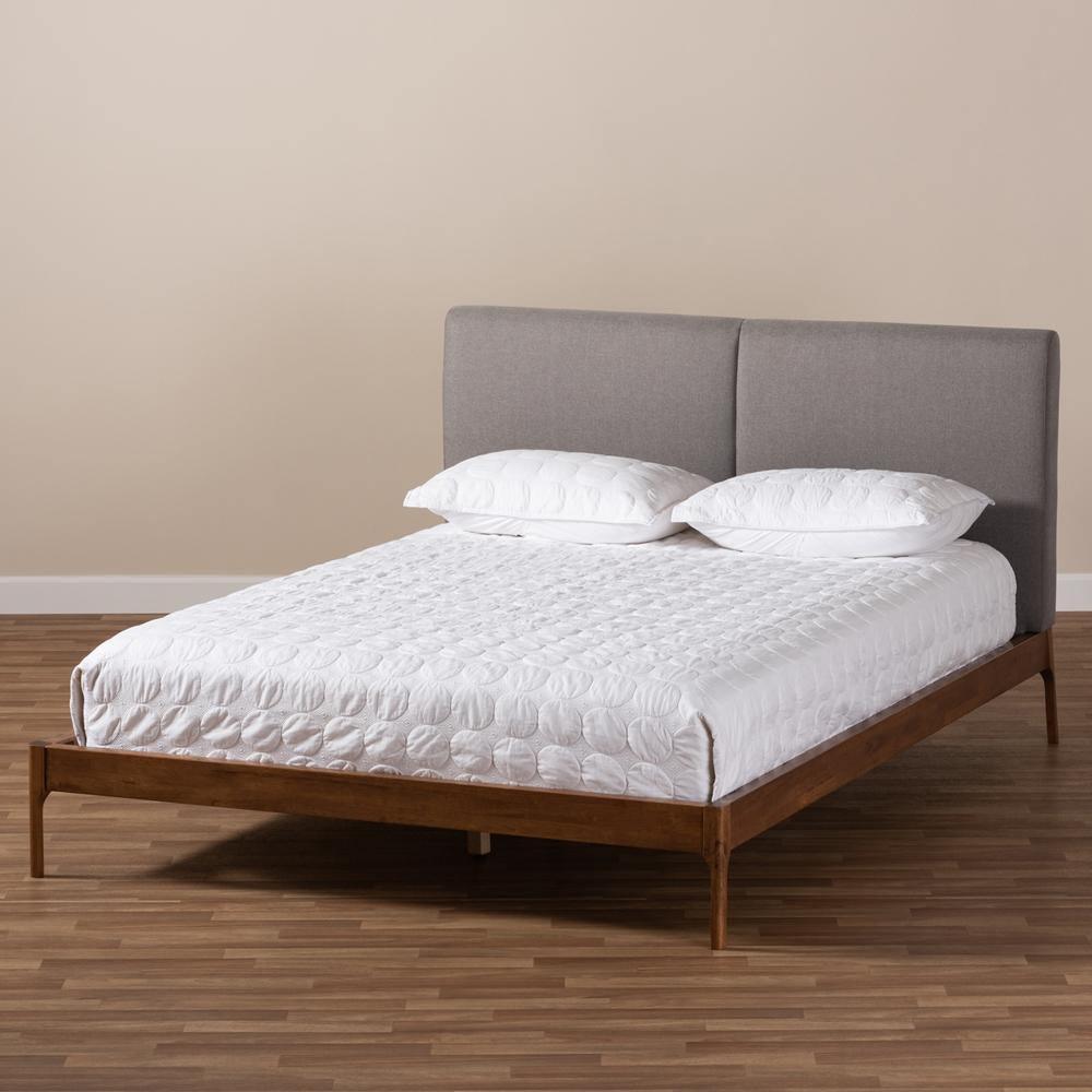 Aveneil Mid-Century Modern Grey Fabric Upholstered Walnut Finished Queen Size Platform Bed FredCo