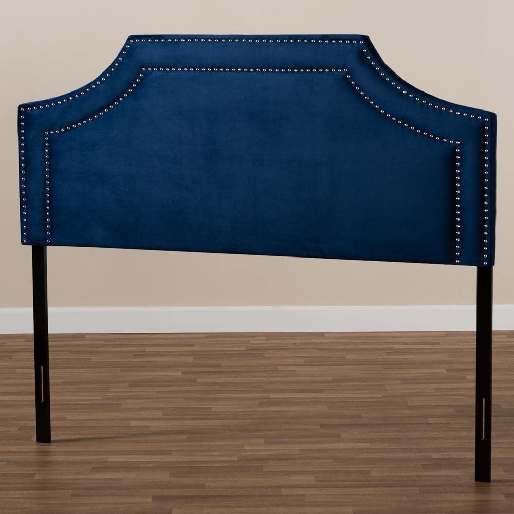 Avignon Modern and Contemporary Navy Blue Velvet Fabric Upholstered Queen Size Headboard FredCo