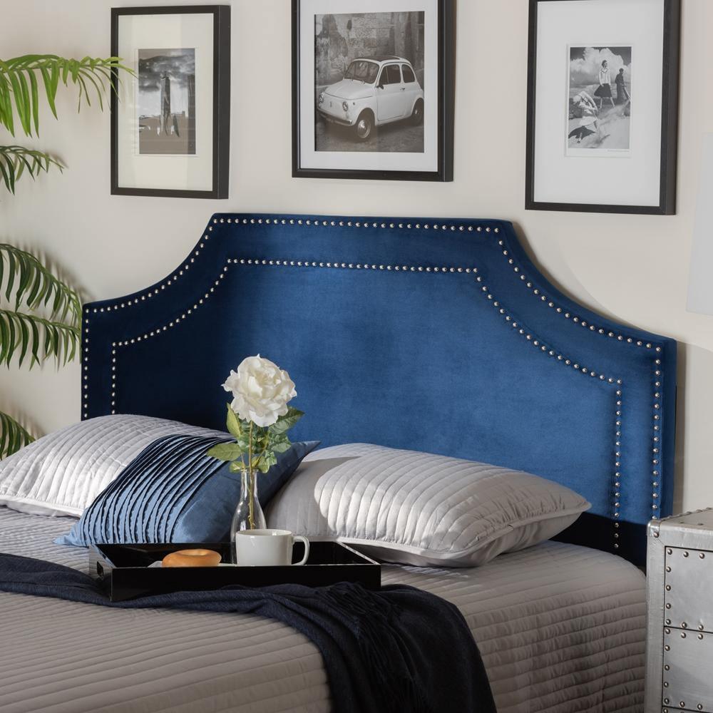 Avignon Modern and Contemporary Navy Blue Velvet Fabric Upholstered Queen Size Headboard FredCo