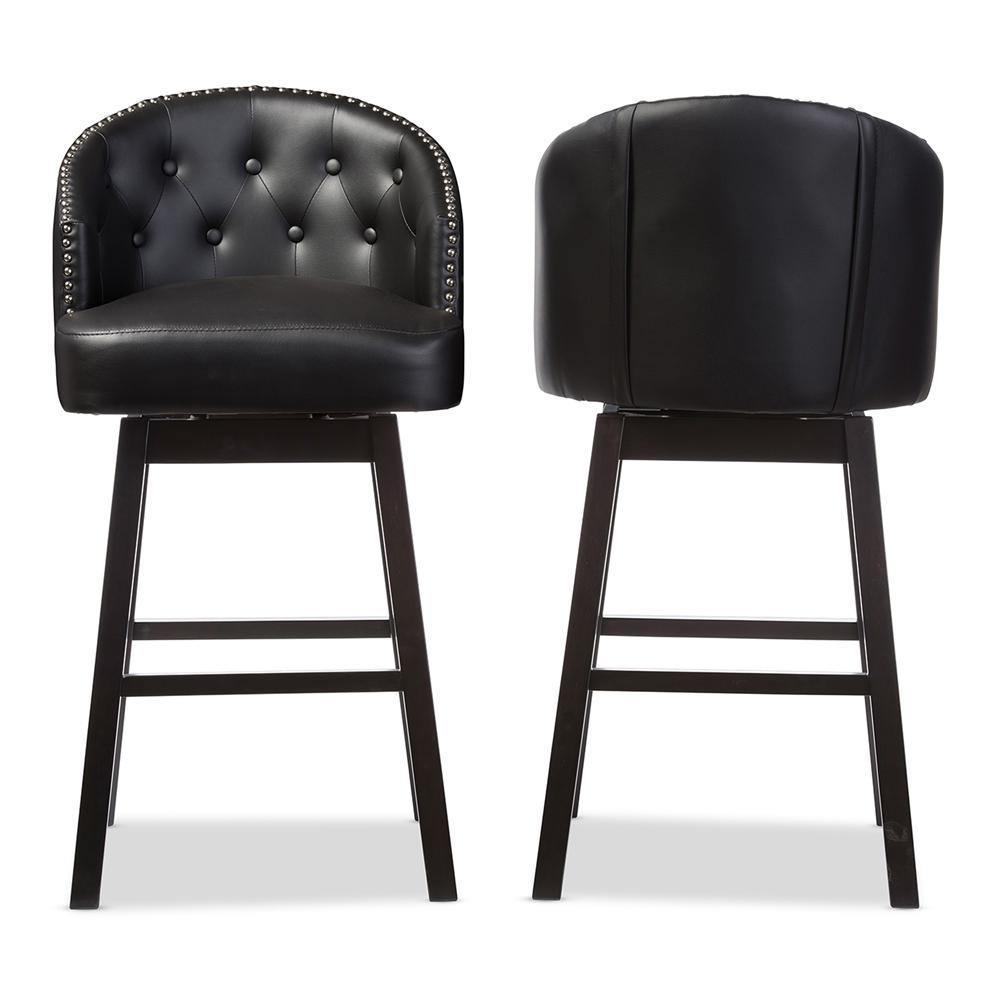 Avril Modern and Contemporary Black Faux Leather Tufted Swivel Barstool with Nail heads Trim FredCo