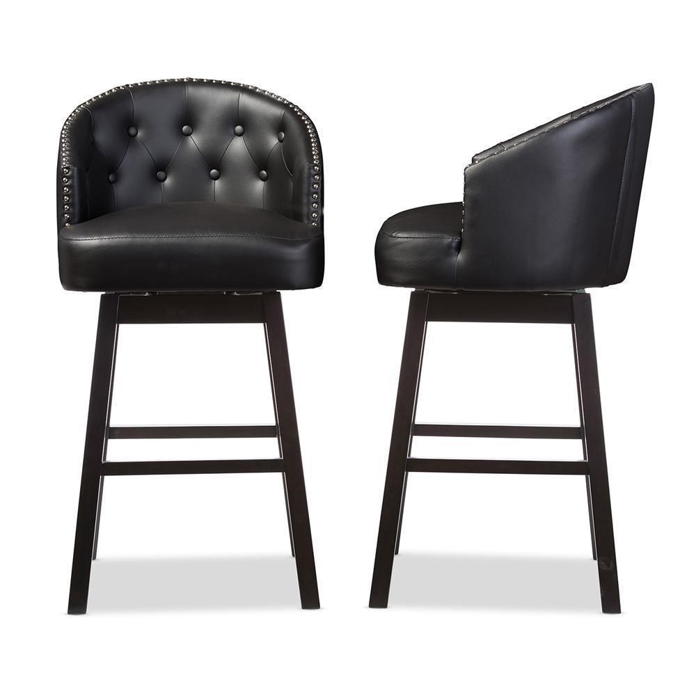 Avril Modern and Contemporary Black Faux Leather Tufted Swivel Barstool with Nail heads Trim FredCo