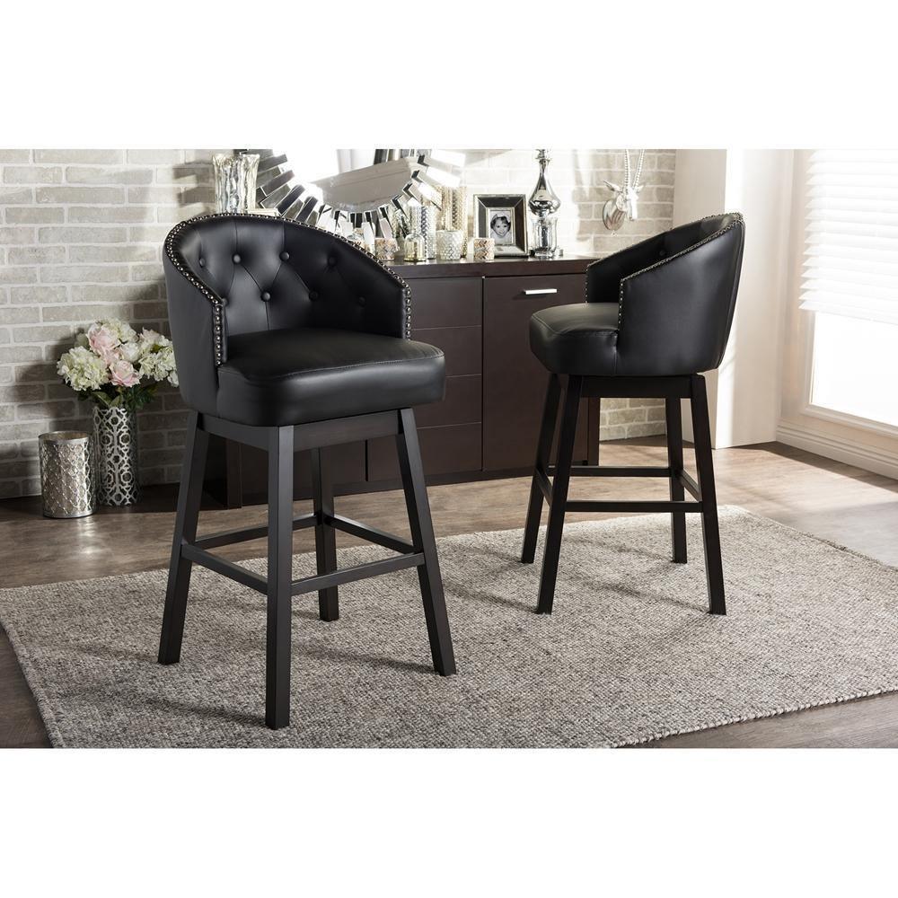 Avril Modern and Contemporary Black Faux Leather Tufted Swivel Barstool with Nail heads Trim FredCo