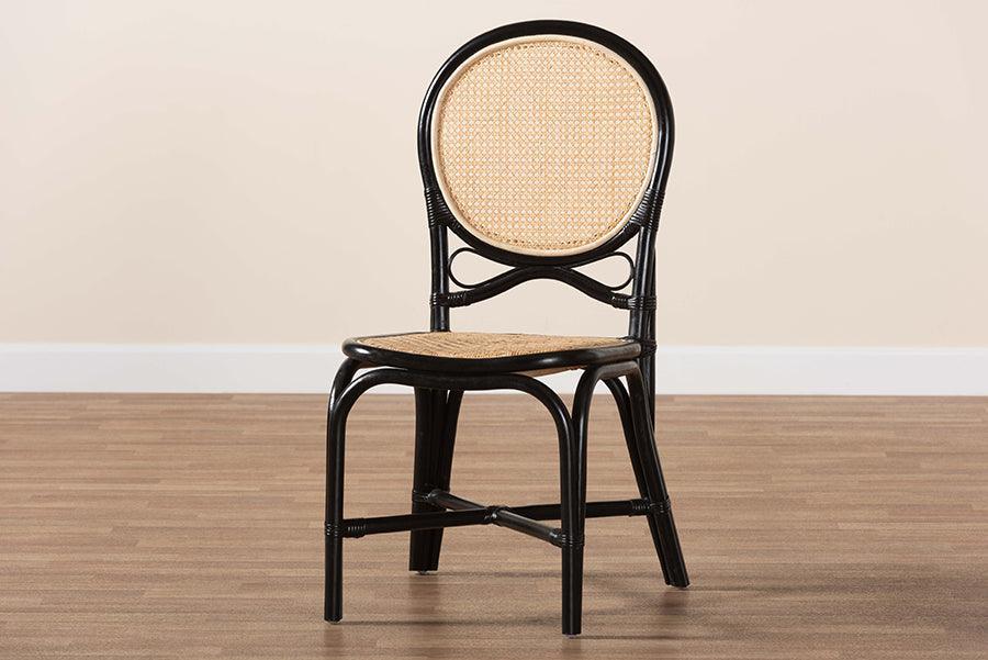 Ayana Mid-Century Modern Two-Tone Black and Natural Brown Rattan Dining Chair FredCo