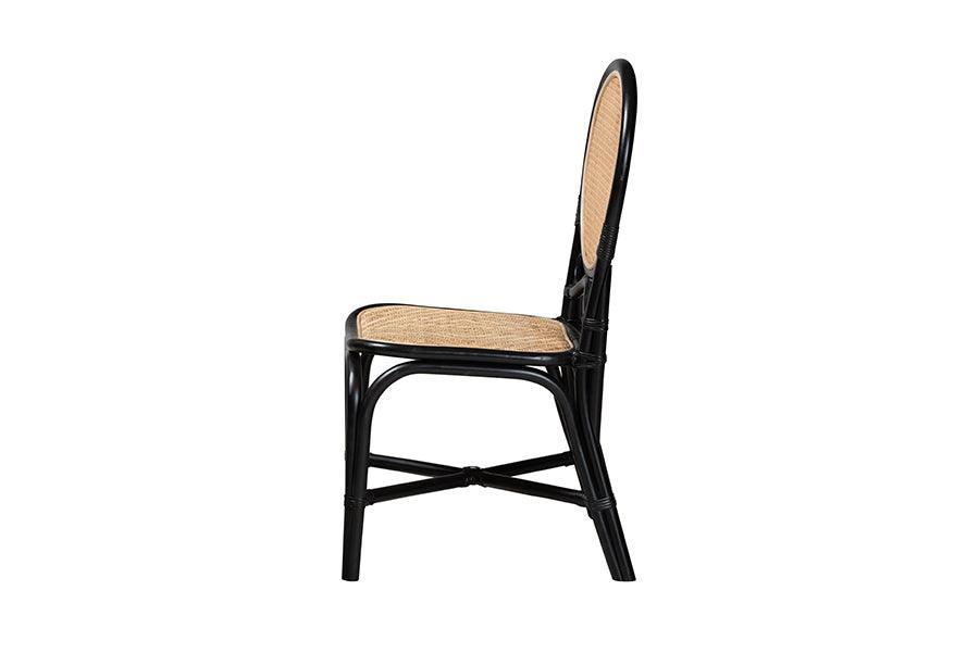 Ayana Mid-Century Modern Two-Tone Black and Natural Brown Rattan Dining Chair FredCo