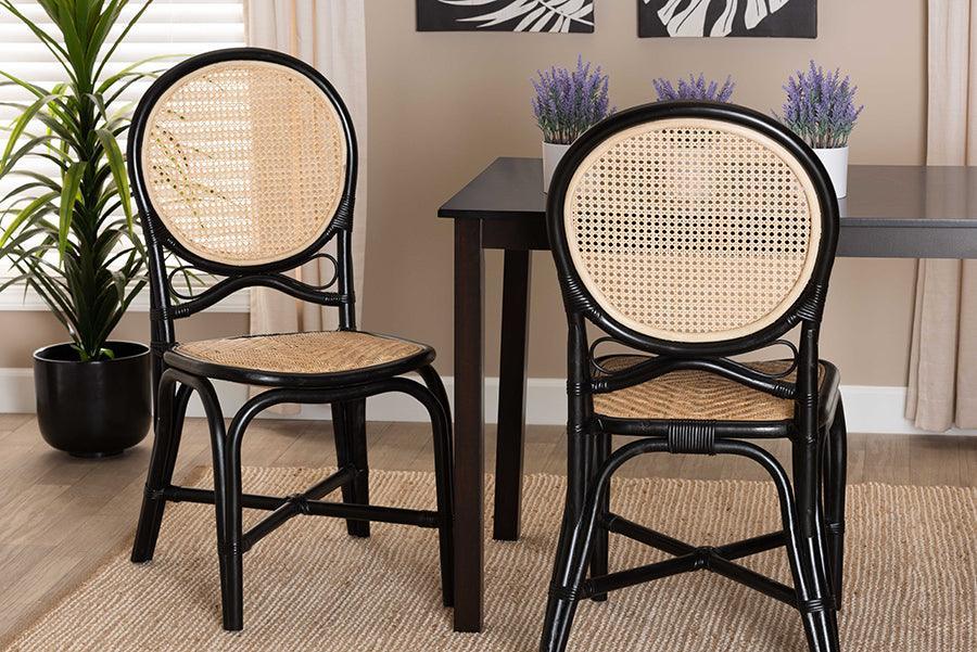 Ayana Mid-Century Modern Two-Tone Black and Natural Brown Rattan Dining Chair FredCo