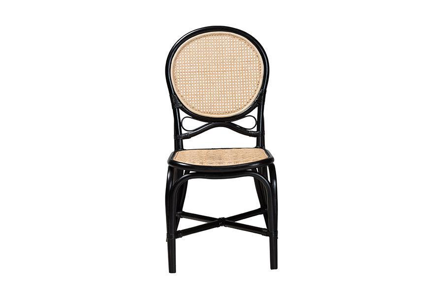 Ayana Mid-Century Modern Two-Tone Black and Natural Brown Rattan Dining Chair FredCo