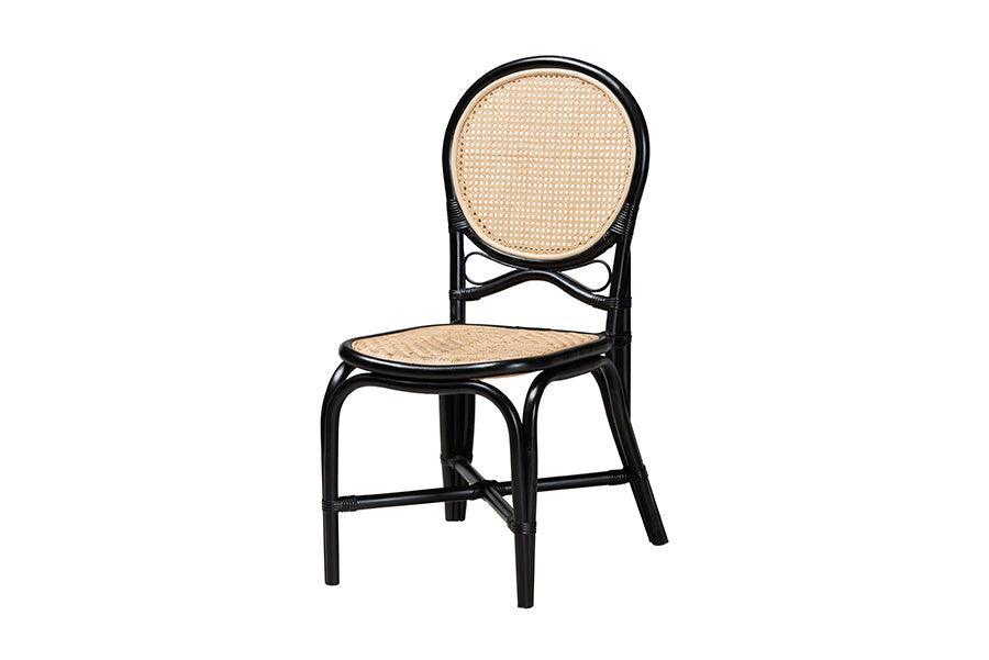 Ayana Mid-Century Modern Two-Tone Black and Natural Brown Rattan Dining Chair FredCo