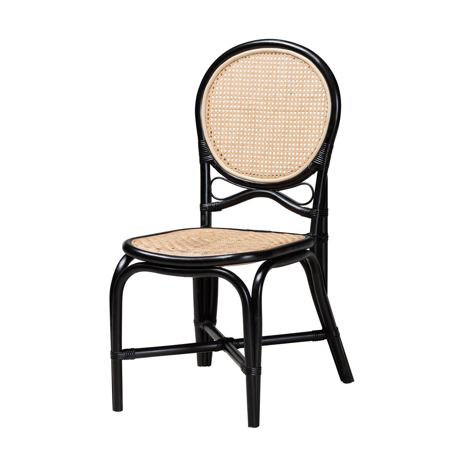 Ayana Mid-Century Modern Two-Tone Black and Natural Brown Rattan Dining Chair FredCo