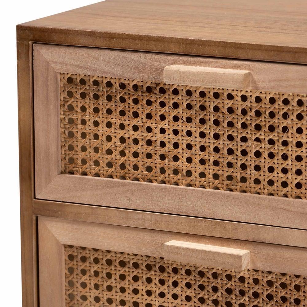 Baden Mid-Century Modern Walnut Brown Finished Wood 3-Drawer Nightstand with Rattan FredCo