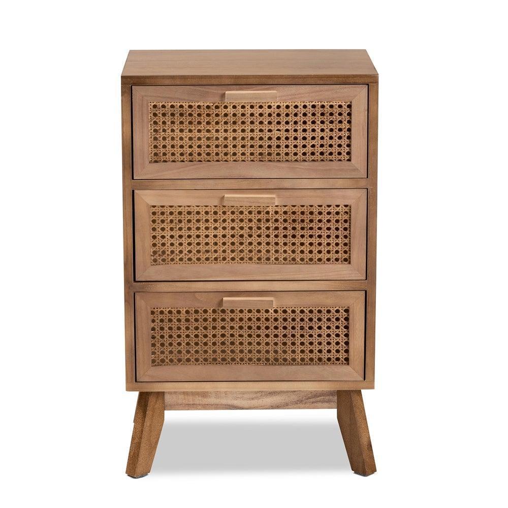 Baden Mid-Century Modern Walnut Brown Finished Wood 3-Drawer Nightstand with Rattan FredCo
