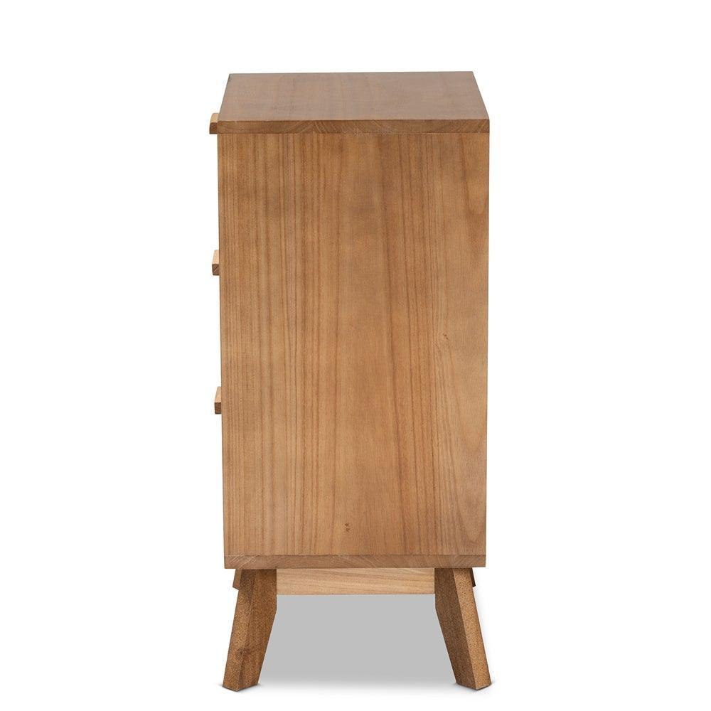 Baden Mid-Century Modern Walnut Brown Finished Wood 3-Drawer Nightstand with Rattan FredCo