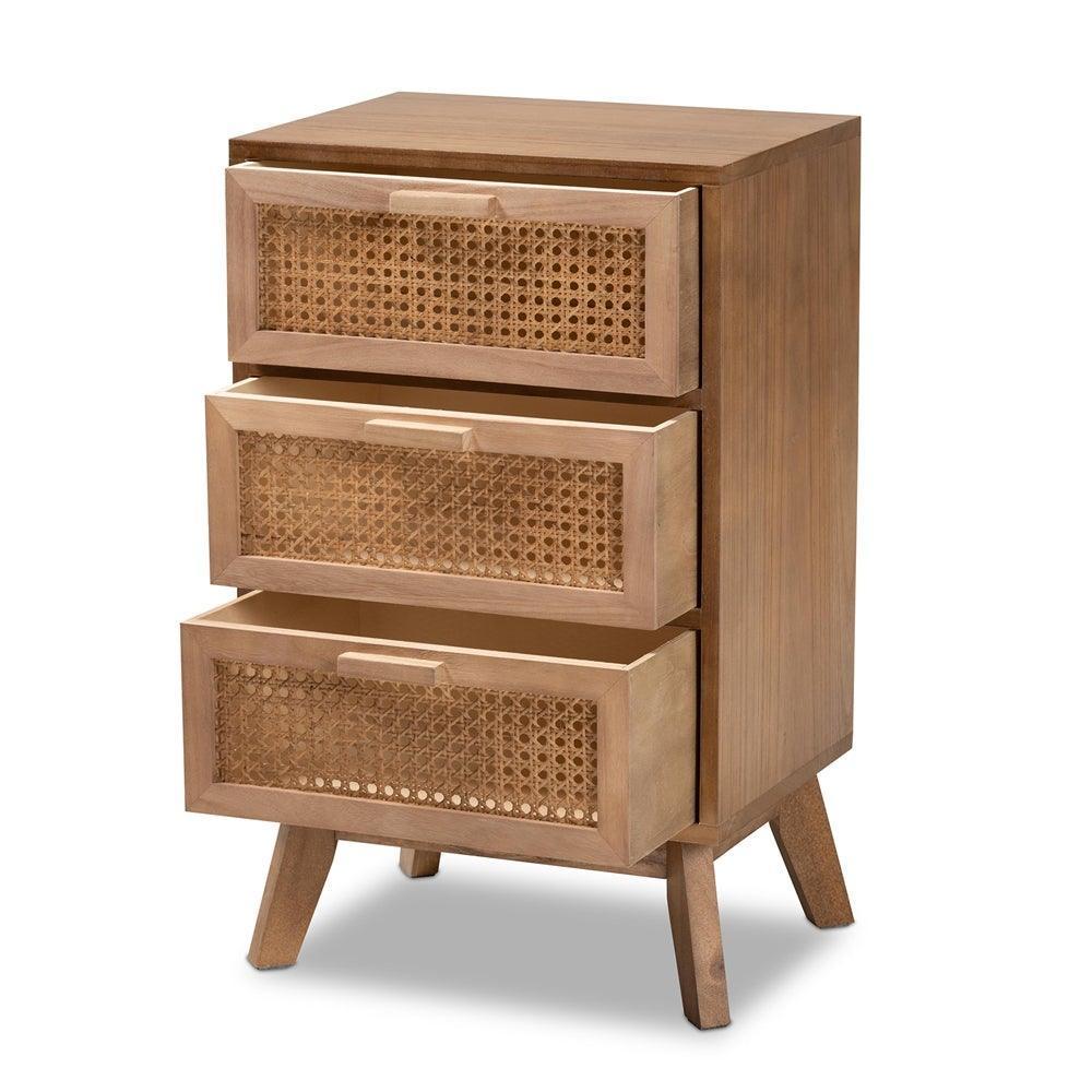 Baden Mid-Century Modern Walnut Brown Finished Wood 3-Drawer Nightstand with Rattan FredCo