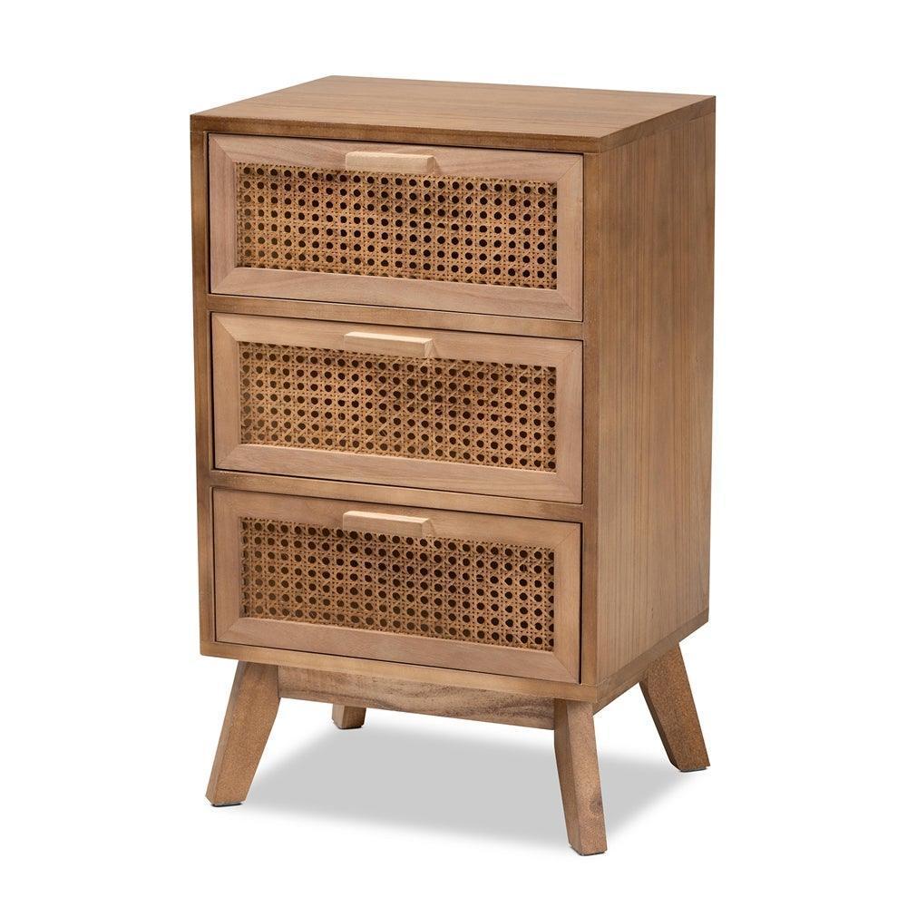 Baden Mid-Century Modern Walnut Brown Finished Wood 3-Drawer Nightstand with Rattan FredCo