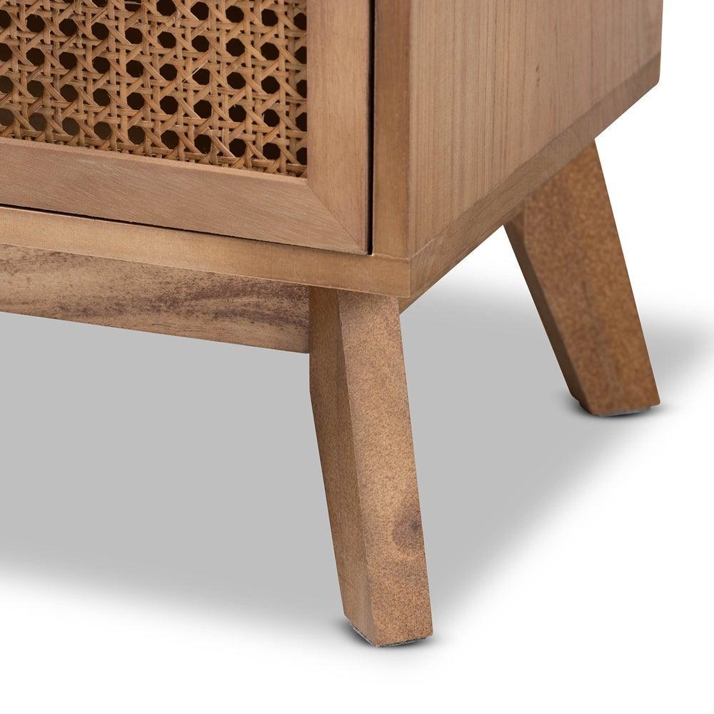 Baden Mid-Century Modern Walnut Brown Finished Wood 3-Drawer Nightstand with Rattan FredCo