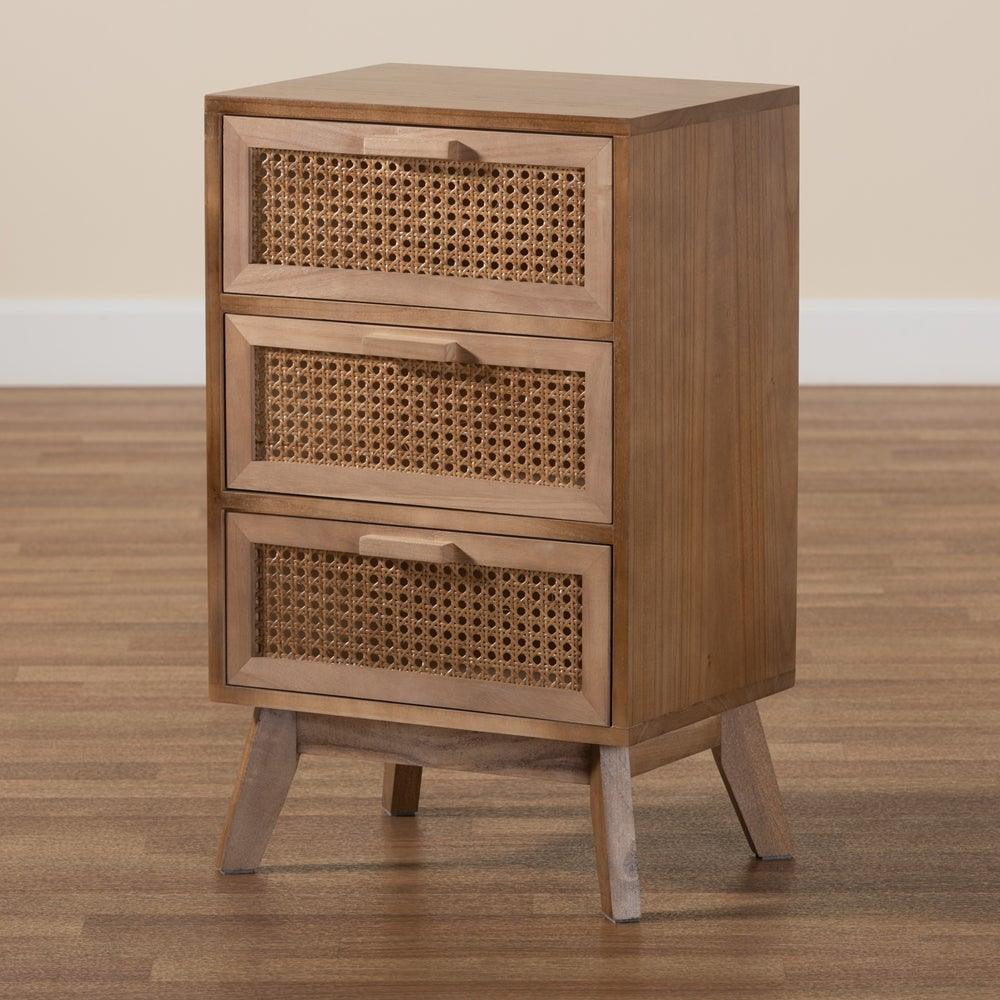 Baden Mid-Century Modern Walnut Brown Finished Wood 3-Drawer Nightstand with Rattan FredCo