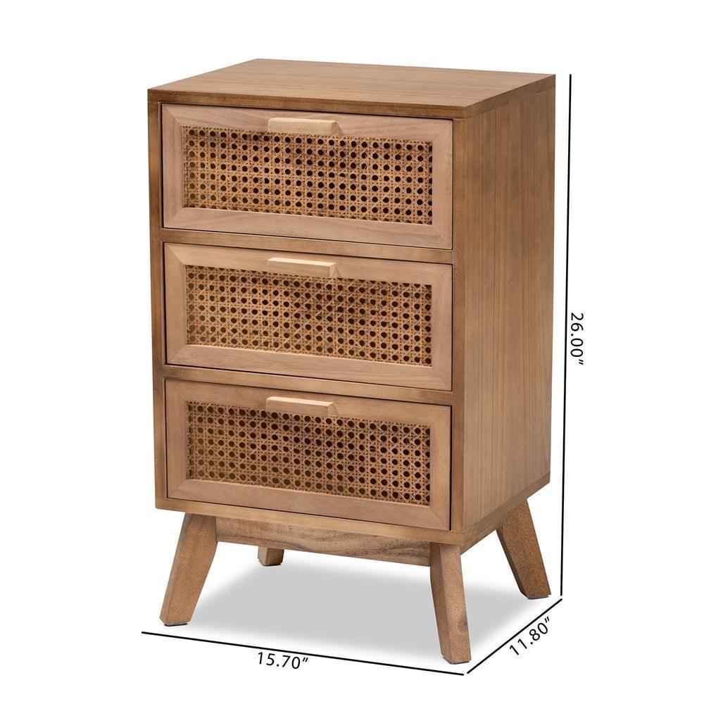 Baden Mid-Century Modern Walnut Brown Finished Wood 3-Drawer Nightstand with Rattan FredCo