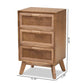 Baden Mid-Century Modern Walnut Brown Finished Wood 3-Drawer Nightstand with Rattan FredCo