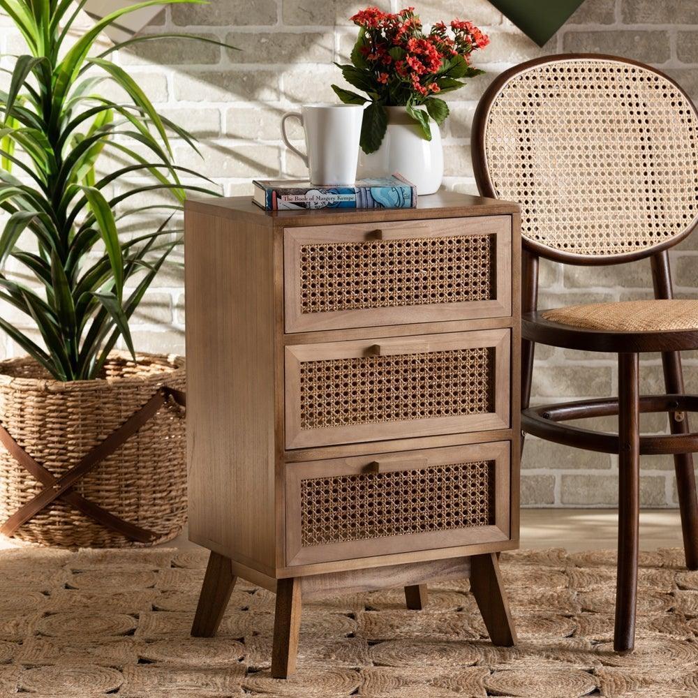 Baden Mid-Century Modern Walnut Brown Finished Wood 3-Drawer Nightstand with Rattan FredCo