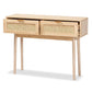 Baird Mid-Century Modern Light Oak Brown Finished Wood and Rattan 2-Drawer Console Table FredCo