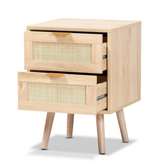 Baird Mid-Century Modern Light Oak Brown Finished Wood and Rattan 2-Drawer Nightstand FredCo