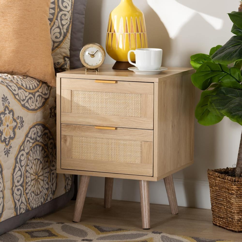 Baird Mid-Century Modern Light Oak Brown Finished Wood and Rattan 2-Drawer Nightstand FredCo