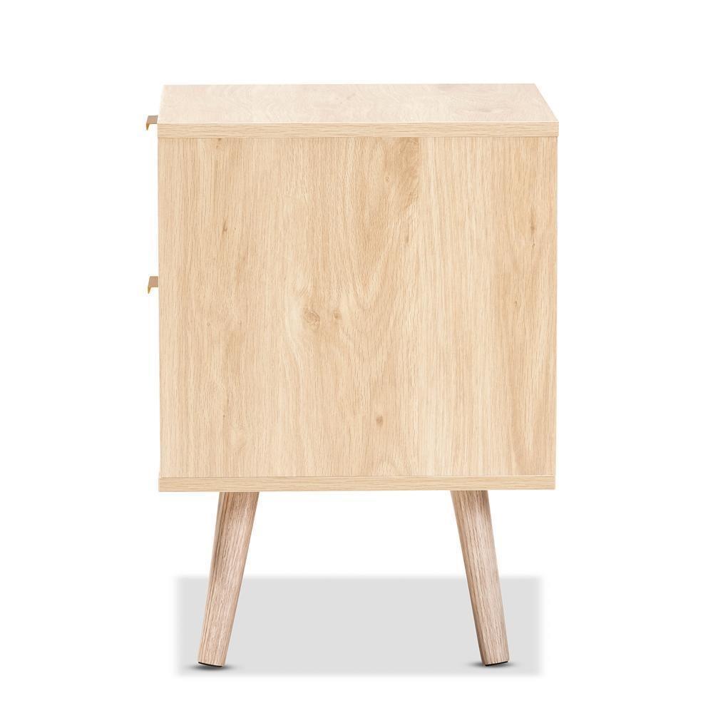 Baird Mid-Century Modern Light Oak Brown Finished Wood and Rattan 2-Drawer Nightstand FredCo