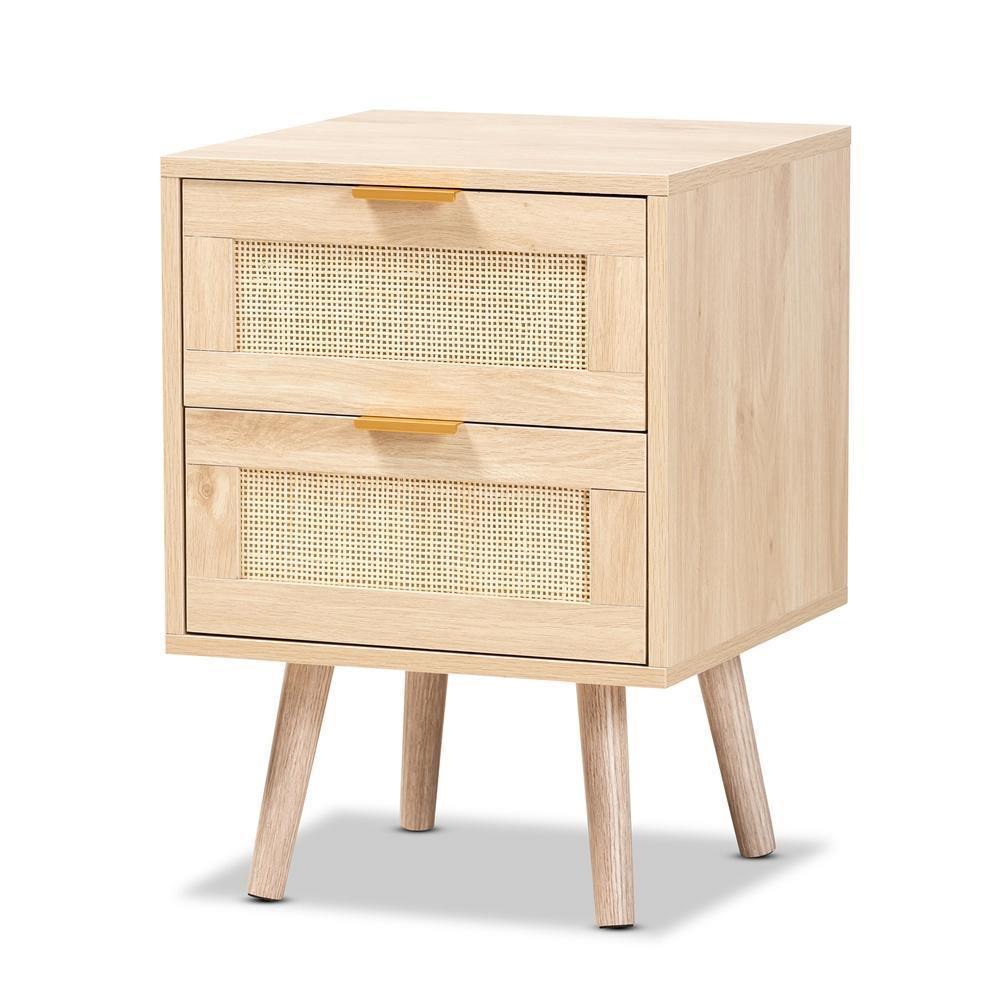 Baird Mid-Century Modern Light Oak Brown Finished Wood and Rattan 2-Drawer Nightstand FredCo