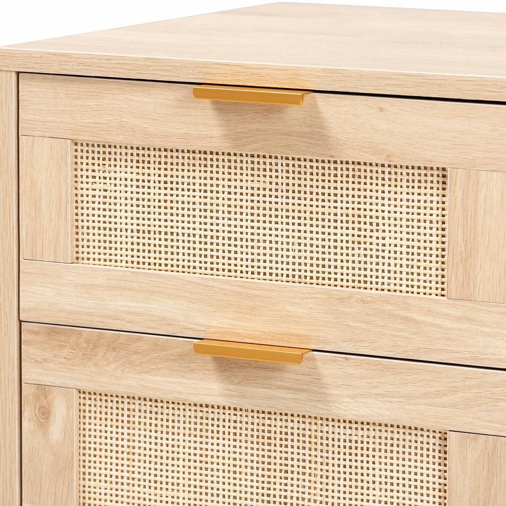 Baird Mid-Century Modern Light Oak Brown Finished Wood and Rattan 2-Drawer Nightstand FredCo