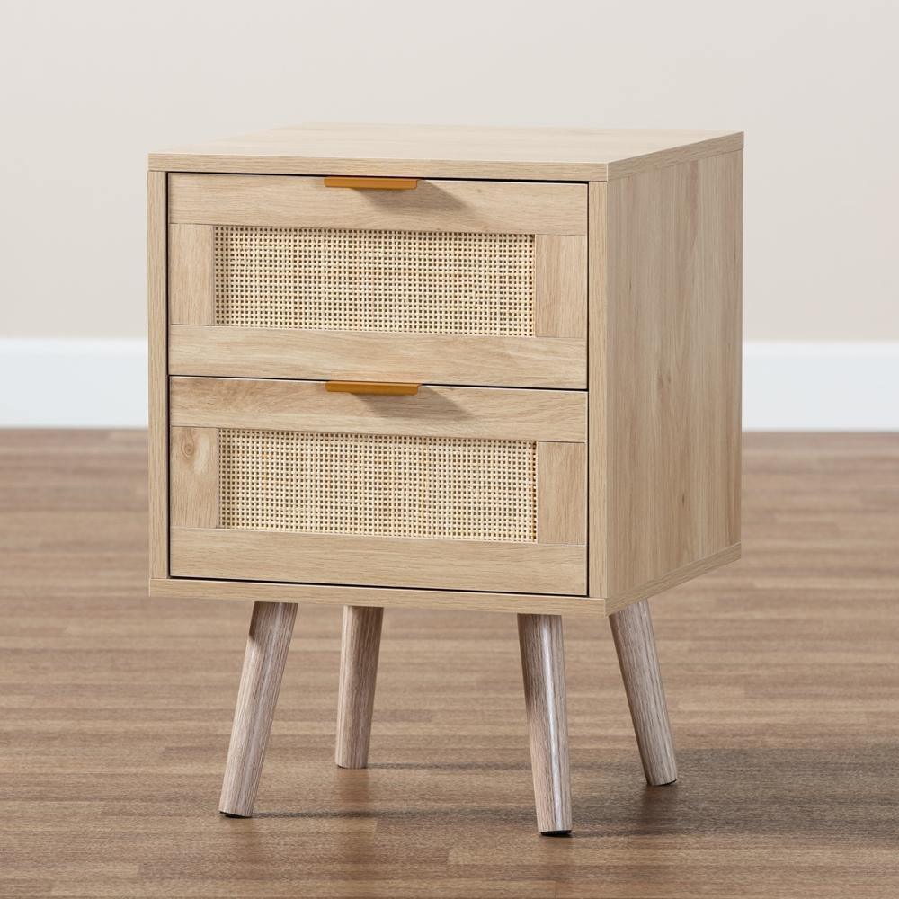 Baird Mid-Century Modern Light Oak Brown Finished Wood and Rattan 2-Drawer Nightstand FredCo