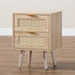 Baird Mid-Century Modern Light Oak Brown Finished Wood and Rattan 2-Drawer Nightstand FredCo