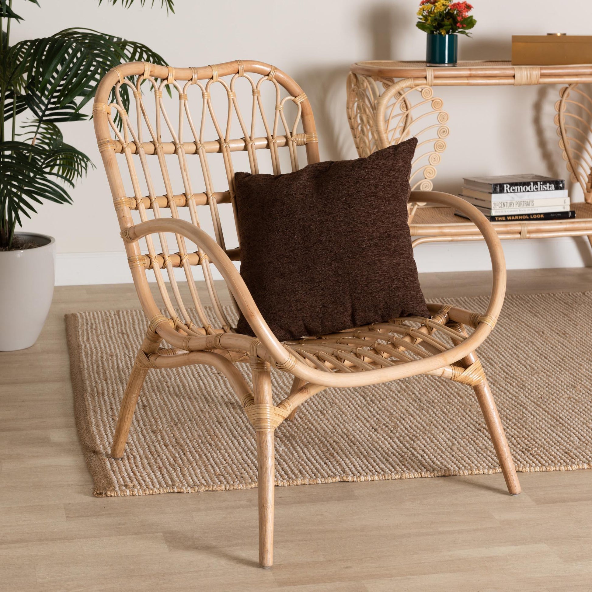 Bajo Modern Bohemian Natural Brown Rattan Arm Chair FredCo