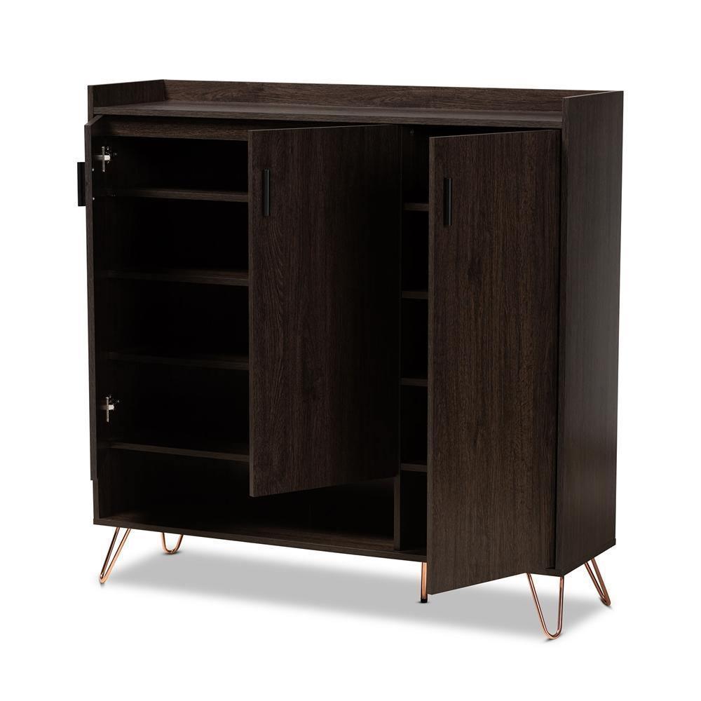 Baldor Modern and Contemporary Dark Brown Finished Wood 3-Door Shoe Cabinet FredCo