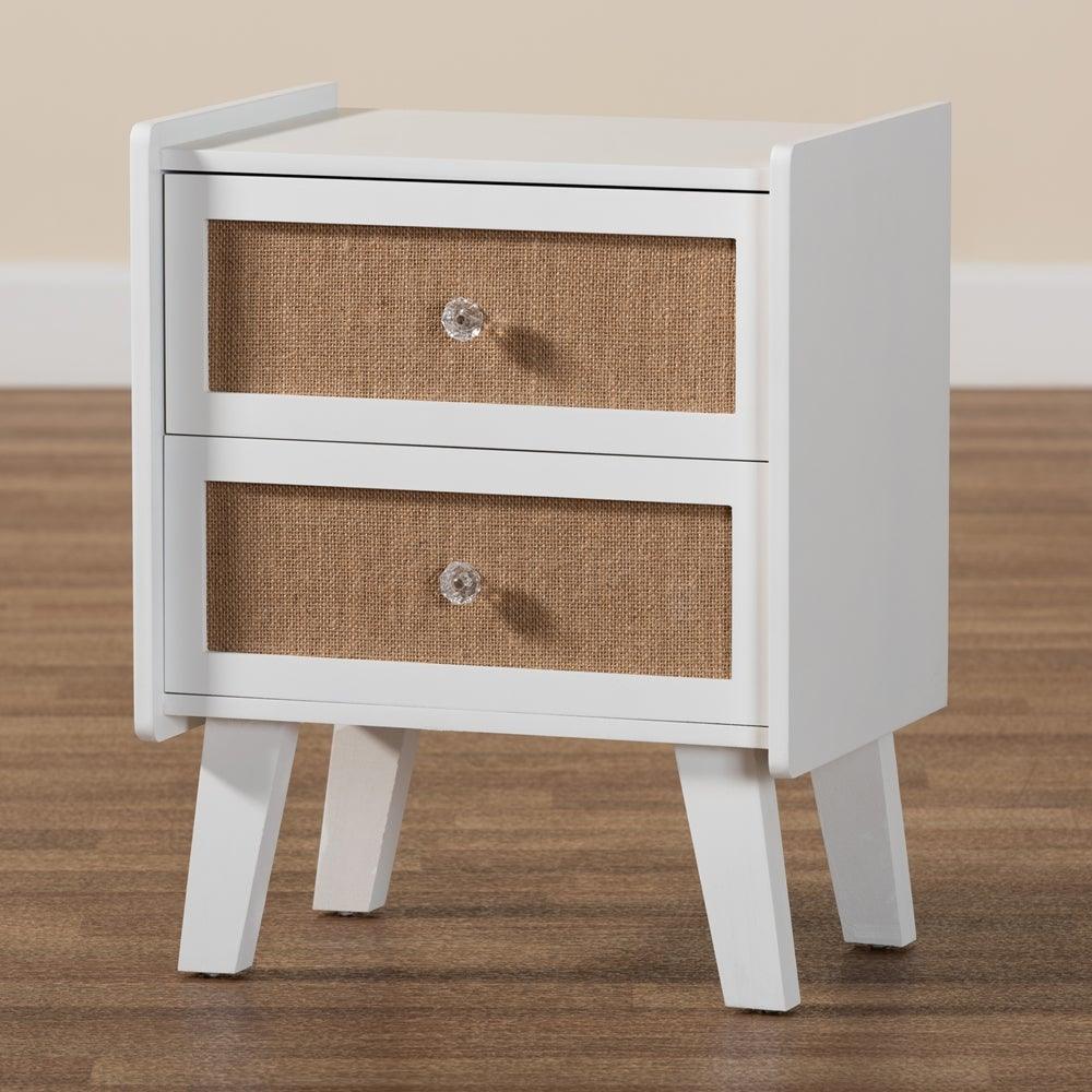 Balta Mid-Century Modern Transitional Oak Brown Rattan and White Finished Wood 2-Drawer Nightstand FredCo