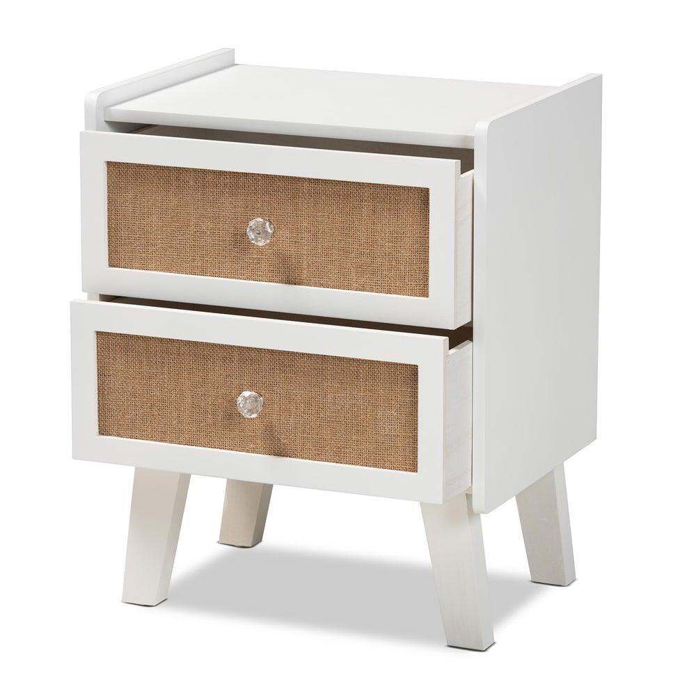Balta Mid-Century Modern Transitional Oak Brown Rattan and White Finished Wood 2-Drawer Nightstand FredCo