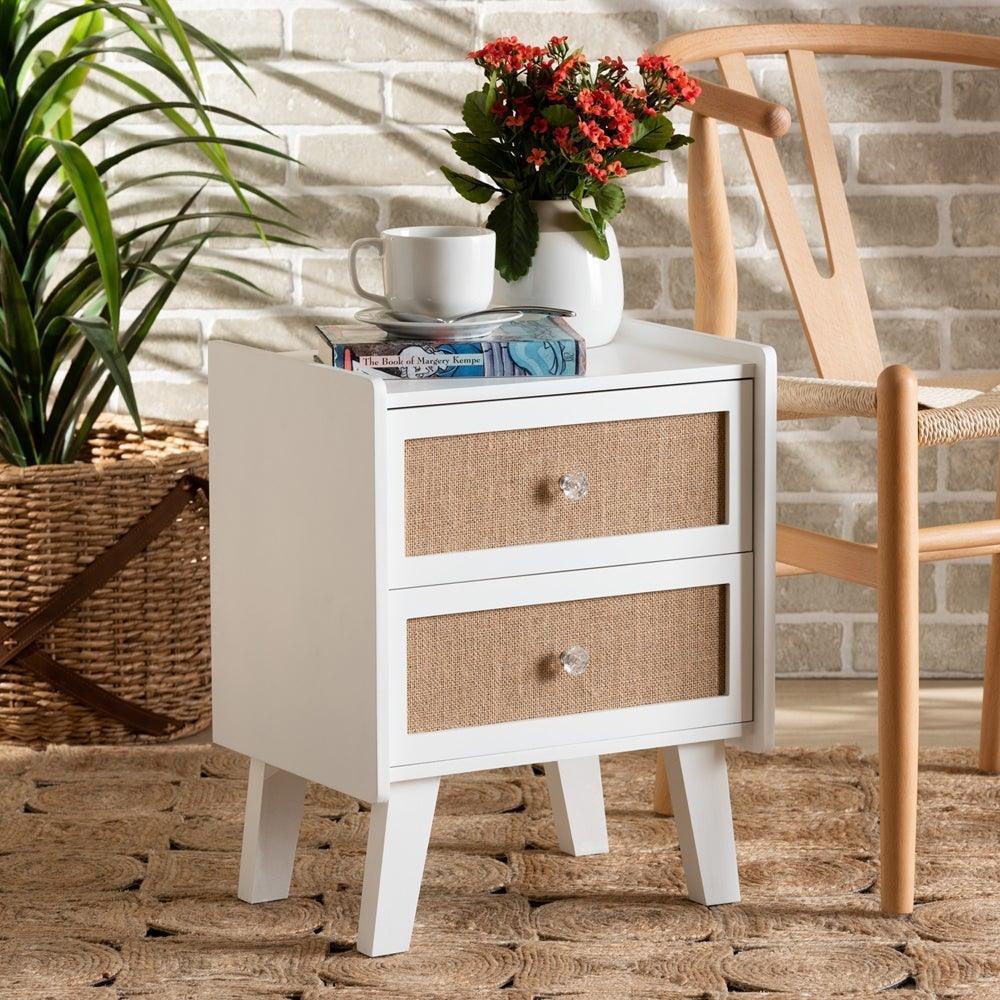 Balta Mid-Century Modern Transitional Oak Brown Rattan and White Finished Wood 2-Drawer Nightstand FredCo
